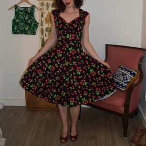 Vintage Inspired Black Red Cherries Swing Dress